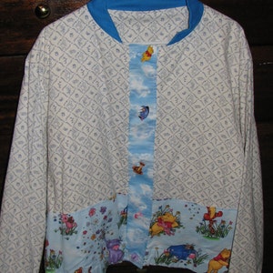 Handmade Pooh Bear cotton jacket / coat with character buttons, pockets, lining * white & blue * Tigger Piglet Eeyore