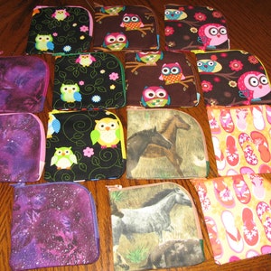 Horses * Flip Flops * Owls * Sparkle Purples * Coin purses * clutch * bag * zipper on two sides for larger opening* handmade* 4&quot; square
