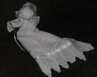 White embroidered hanky baby doll has flower ribbon & embroidered lace * baby shower, christening, baptism, mourning, Civil War reproduction