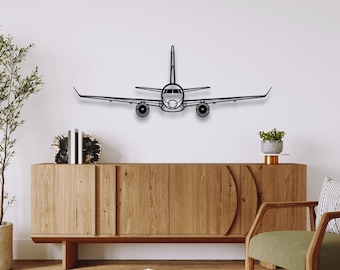 Silueta frontal del Embraer E190: arte mural de metal personalizado y decoración única