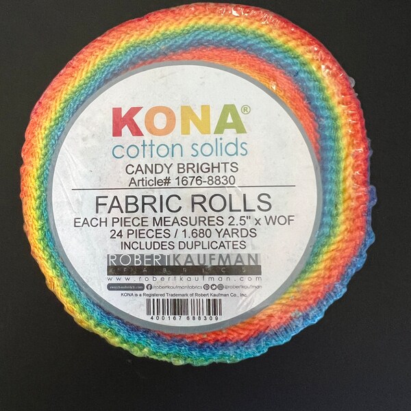 Kona Fabric Half-Roll Candy Brights Cotton Fabric/24 Strips of 2.5" Precut Fabric Strips/Jelly Roll Fabric