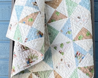 Peter Rabbit and Benjamin Bunny Pinwheel Baby Quilt/Toddler Blanket, Machine Quilted, 36x36"