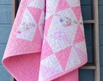 Manta infantil Pink Pinwheel: manta para bebé hecha a mano, acolchada a máquina, 36x36".
