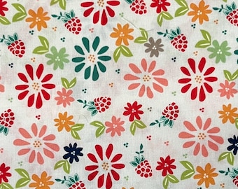 Tela de algodón con estampado floral de frambuesa, material de costura para acolchado de verano (corte de 1,75 yardas)