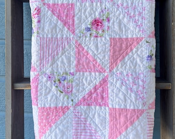 Pink Pinwheel Baby Quilt: Handmade Toddler Blanket, Machine Quilted, 36x36"