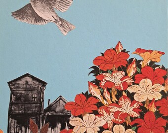 Surreal bird art paper collage