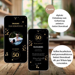 digitale Einladung 50. Geburtstag, Geburtstags Party Einladung, digitale WhatsApp Einladung, animierte Einladungskarte personalisiert