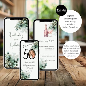 personalisierbare animierte digitale Einladung zum 20. 30. 40. 50. 60. Geburtstag, digitale WhatsApp Einladung mit Foto, Download