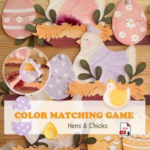 Jeu d'association de couleurs de Pâques pour les tout-petits - Poules et poussins à imprimer - Activité de motricité fine - Apprentissage préscolaire (PDF) - Thème de la ferme printanière