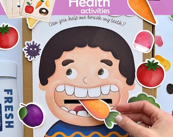 Actividad imprimible de salud dental | Juego de cepillado de dientes "Alimenta la boca" | Preescolar, niños pequeños, jardín de infancia | Descarga instantánea