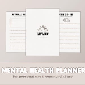 May include: A printable mental health planner with the title "MY MHP" and a rainbow graphic. The planner includes sections for physical check-in, check-in, and mental health goals.