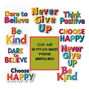 Clipart con frasi motivazionali colorate - Non mollare mai, pensa positivo, sii gentile, scegli la felicità, OSA credere - Design con download immediato