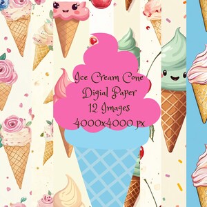 Whimsical Ice Cream Cone Pattern with Pink Frosting and Floral Accents - Seamless Digital Paper, 12 high resolution images