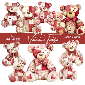 May include: A selection of Valentine's Day teddy bears in different sizes. The bears are designed in a patchwork style, featuring red and white patterns, hearts, and bows. The image includes the text "Valentine Teddys".