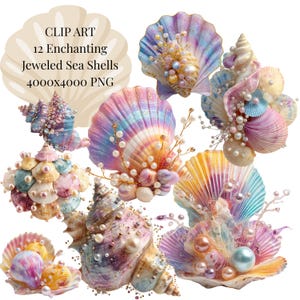 Puede incluir: Una colección de 12 imágenes de clip art digitales con conchas marinas iridiscentes adornadas con perlas y cuentas. Las conchas muestran degradados pastel de rosa, azul, amarillo y morado. El texto dice: CLIP ART 12 Enchanting Jeweled Sea Shells 4000x4000 PNG.