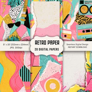 Op de afbeelding: Een collectie van 20 digitale papieren met een retro esthetiek en gescheurde randen. De ontwerpen bevatten levendige roze, gele en turquoise kleuren, met grafische elementen zoals elektrische gitaren, cassettebandjes en bliksemschichten.