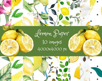 Papel digital con estampado de limón: Diseño cítrico brillante sin costuras (archivos PNG)