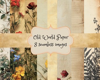 May include: A collage of eight vintage paper textures featuring floral and botanical illustrations. The papers are in shades of beige, brown, and cream. The text "Old World Paper 8 seamless images" is displayed in a decorative font.