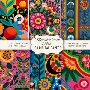 Könnte beinhalten: Eine Sammlung farbenfroher digitaler Papiere mit mexikanischen Volkskunst-Designs. Die Papiere zeigen florale Muster, Vögel und geometrische Formen in leuchtenden Farben. Jedes Papier misst 305 mm x 305 mm.