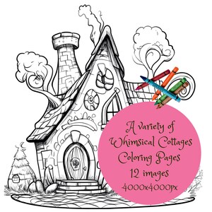 Páginas para colorear, 12 cabañas divertidas con dibujos animados, patrón sin costuras, ideal para actividades infantiles.