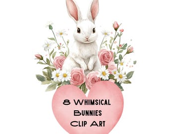 Whimsical Rabbit Collection with Floral Arrangements - Soft Watercolor Clipart for Spring-Themed Designs and Sublimation