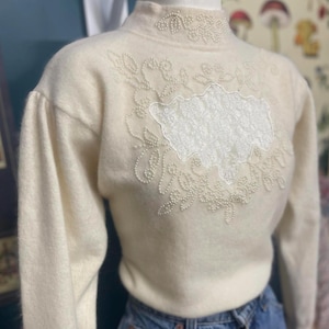 Vintage Miss Orly Angora/Lambswool Beaded & Lace Sweater size M