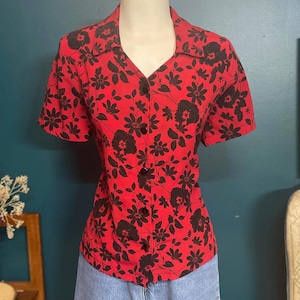 Vintage 1980s/90s Cassino Red Floral Button up Blouse size S