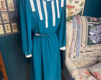 Vintage jaren 80 Manuela geplooide doorschijnende groenblauwe en witte avondjurk maat S/M