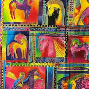 May include: A vibrant fabric featuring a patchwork design with colorful horse illustrations. The horses are depicted in various colors, including purple, pink, yellow, and blue, with decorative patterns and borders. The overall theme is artistic and whimsical.