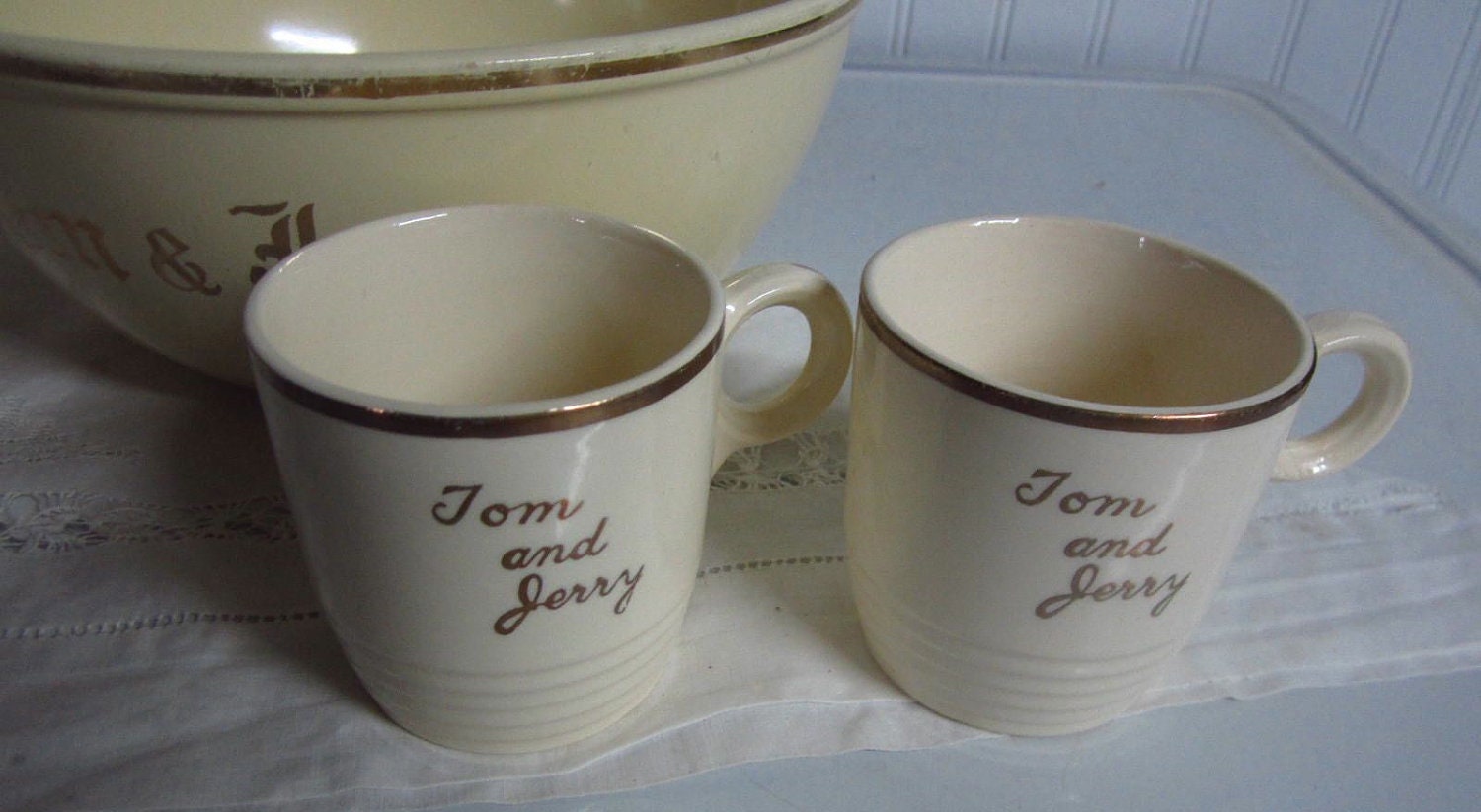 Vintage Cream with Gold Trim Tom and Jerry Punch Bowl with 4 Etsy