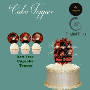 Dark Anime Cake and Cupcake Toppers Printable Red Flame Manga Inspired Birthday Decorations