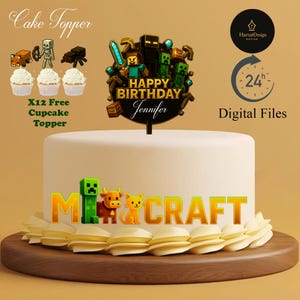 Topo de bolo artesanal para jogo Mine – Estilo Pixel Block – Decoração para festa de jogador