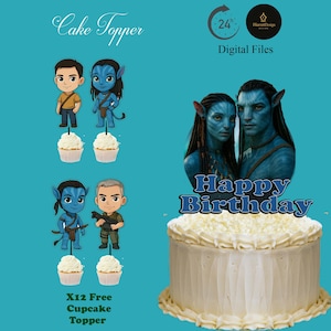 Puede incluir: Una tarta con glaseado blanco y un adorno para tarta azul de "Feliz Cumpleaños" con personajes de la película Avatar. La imagen también incluye adornos para cupcakes con personajes de Avatar y el texto "X12 Free Cupcake Topper".