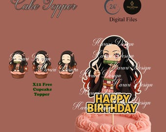 Topo de bolo de irmã demônio de anime | Decoração fofa para festa de aniversário kawaii | Topo de cupcake de garota de anime l PNG l PDF | Realista | Chibi