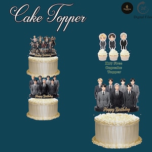 May include: Cake toppers with the text "Happy Birthday" and images of a group of people in suits. The image also shows cupcakes with cartoon figures and the text "X27 Free Cupcake Topper."