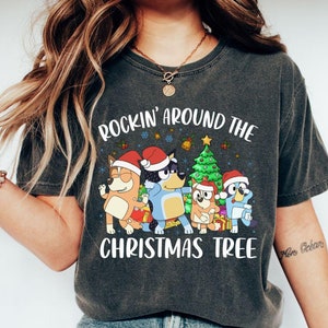 Rockin' Around The Christmas Tree Blue Dog Family Comfort Colors® Shirts , Family Matching Christmas Shirts , Cute Cartoon Christmas Shirts