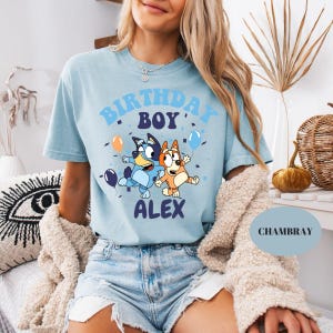 Comfort Colors® Personalized Bluey Birthday Boy T-Shirt, Custom Birthday Boy Shirt, Birthday Bluey Dog Tee, Funny Toddler Birthday Party Tee