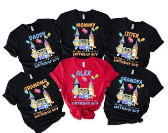 Custom Blueey Birthday Shirt for Boy and Girl, Personalized Birthday Shirt, Blue and Bing Birthday Party T-Shirt,Blue Dog Birthday Theme Tee