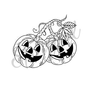 Puede incluir: Un dibujo en blanco y negro de dos calabazas de jack-o'-lantern con caras sonrientes. Las calabazas están conectadas por una vid y tienen hojas.