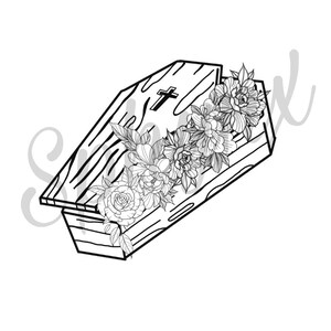Puede incluir: Un dibujo en blanco y negro de un ataúd de madera con una cruz en la parte superior. El ataúd está decorado con flores.