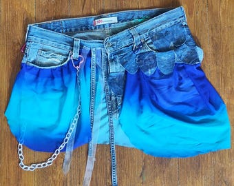 Upcycled Levi's 506 Mermaid Festival Belt Skirt, 41 Inch Waist, Hand-Stitched Scales, Sashiko, Free Hip Flask