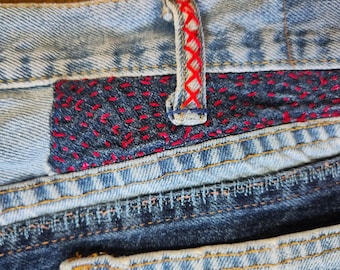 Upcycled Levi's 505 Straight Fit Jeans — Spider Web Repairs, Sashiko Stitching, W40 L30