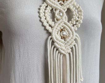 Macrame Tie Necklace, Boho Pearl Choker, Handmade Fiber Accessory