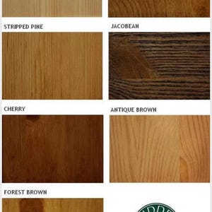 May include: A wood stain color chart with 8 different wood stain colors. The colors are: Light, Rugger Brown, Stripped Pine, Jacobean, Cherry, Antique Brown, Forest Brown. The chart is labeled "FIDDES FOR OVER FOUR GENERATIONS".