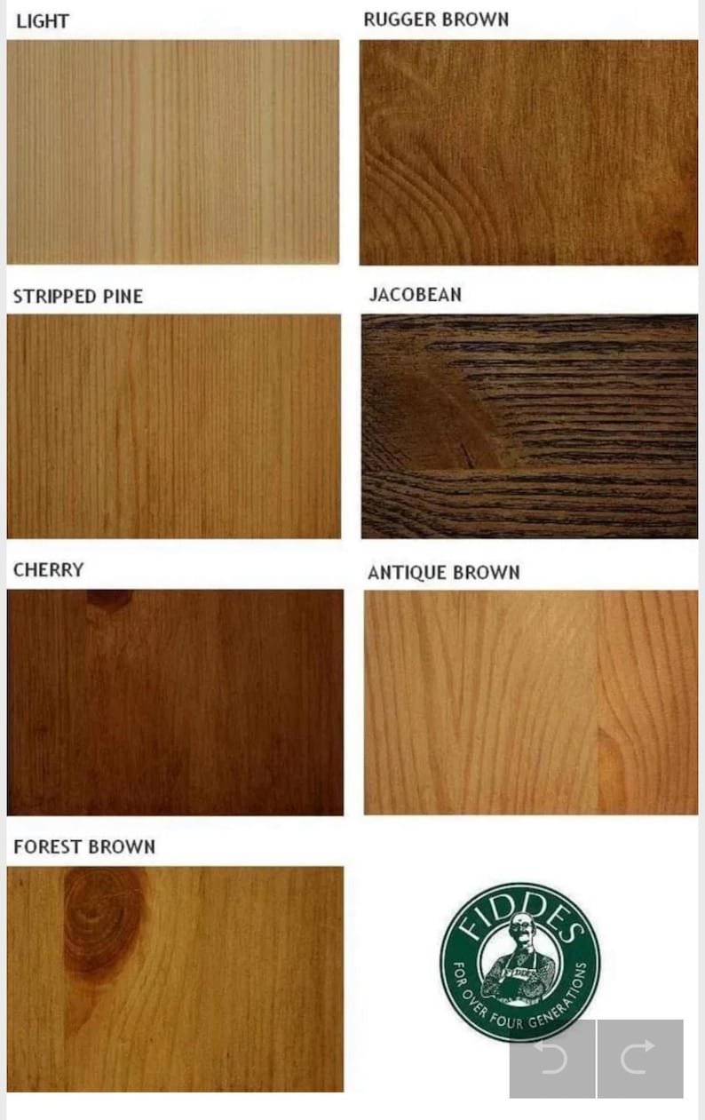 May include: A wood stain color chart with 8 different wood stain colors. The colors are: Light, Rugger Brown, Stripped Pine, Jacobean, Cherry, Antique Brown, Forest Brown. The chart is labeled "FIDDES FOR OVER FOUR GENERATIONS".