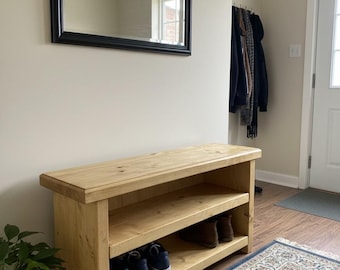 Handmade Solid Pine Shoe Storage Bench, Rustic Hallway Organizer