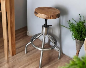 Industrial Stool / Seating with Adjustable Wooden Seat
