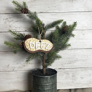 May include: A small artificial Christmas tree with a peanut-shaped ornament that says "DEEZ" hanging from it. The tree is in a gray metal pot.