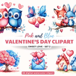 Clipart Saint-Valentin rose et bleu - Sweet Love Graphics - Couples mignons hiboux, renards, oiseaux, arbres et décorations de la Saint-Valentin, PNG