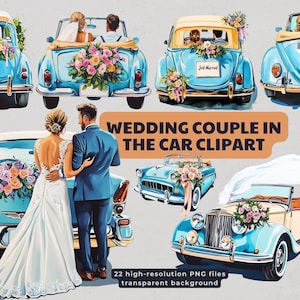 Clipart de pareja de novios en el coche, PNG digital, arte de boda personalizable, conjunto de imágenes de novios para invitaciones románticas